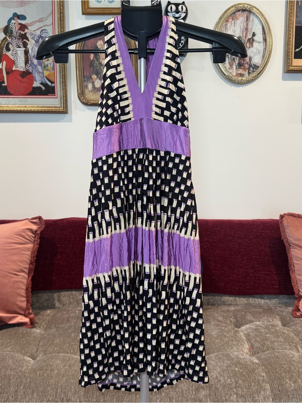 BCBGMAXAZRIA Sleeveless Halter Midi Dress in Black, Cream & Purple
